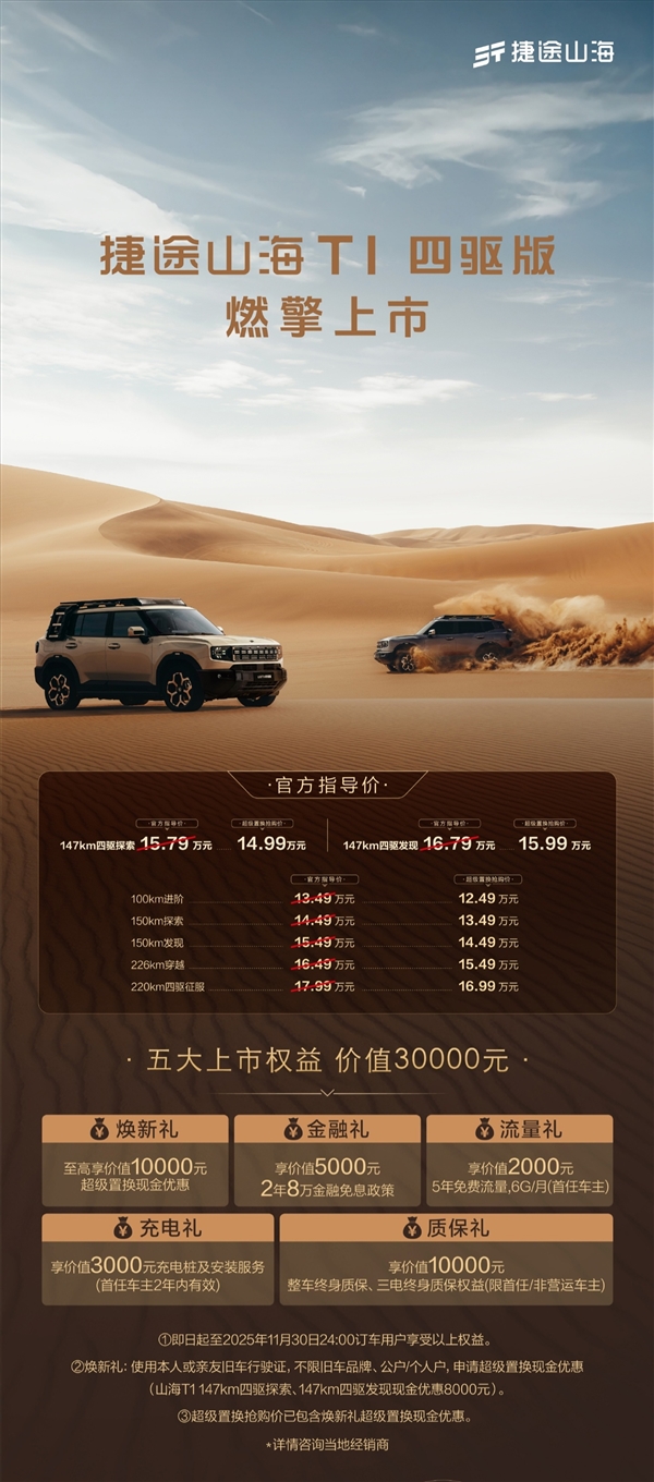 1.5T+三电机!奇瑞捷途山海T1四驱版上市:置换价14.99万起