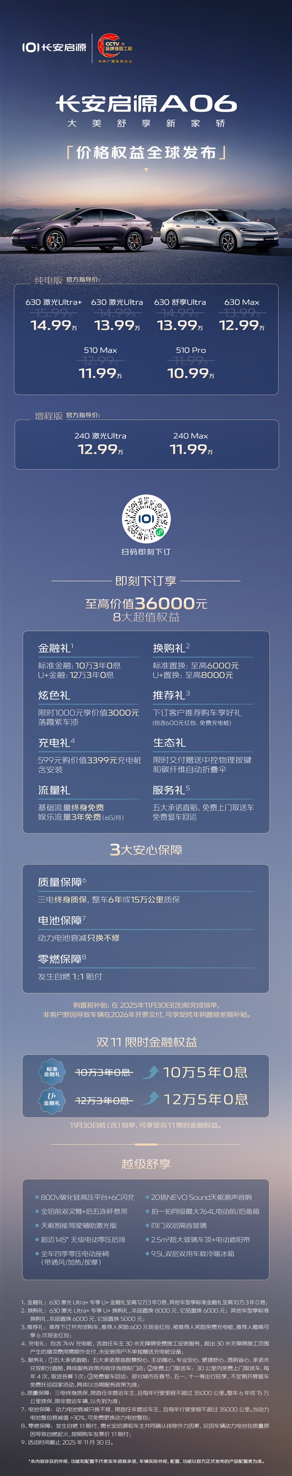 10.99—14.99万元!长安启源A06定价权益正式公布:六款纯电、两款增程